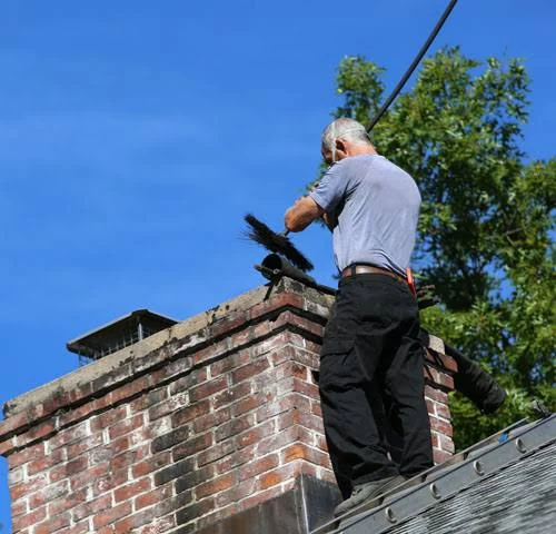 A chimney sweep brushing a brick chimney on a shingled roof