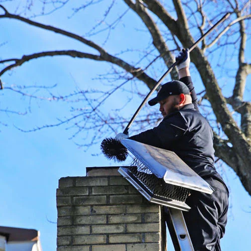 Chimney maintenance beside a removed metal chimney cap