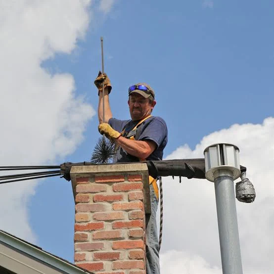 A gloved chimney sweep holding a round brush above a brick chimney