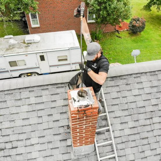 Rooftop chimney maintenance with a brush rod at a brick flue