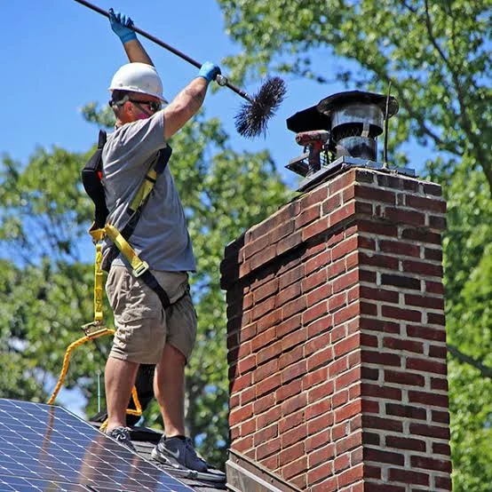 A chimney sweep wearing a helmet and harness working beside a brick chimney