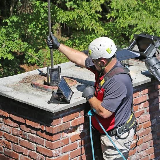 A technician inspecting a brick chimney flue with a camera and tablet